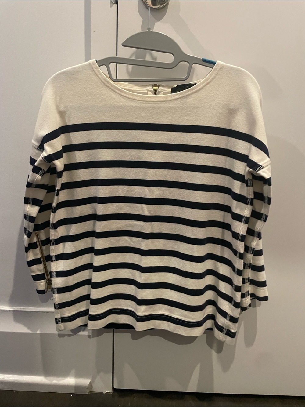 Striped Boatneck Long-Sleeve Top in White and Navy